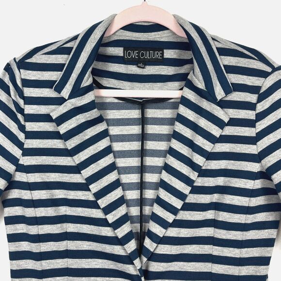 Knit Blazer Womens SZ LG Blue Stripes Gray Lightweight Preppy Trendy College - Picture 5 of 11